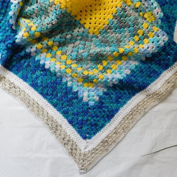 Handmade Crochet Afghan Knit Throw Lap Blanket 50 x 52 "  Blue Yellow Turquoise - Picture 6 of 6